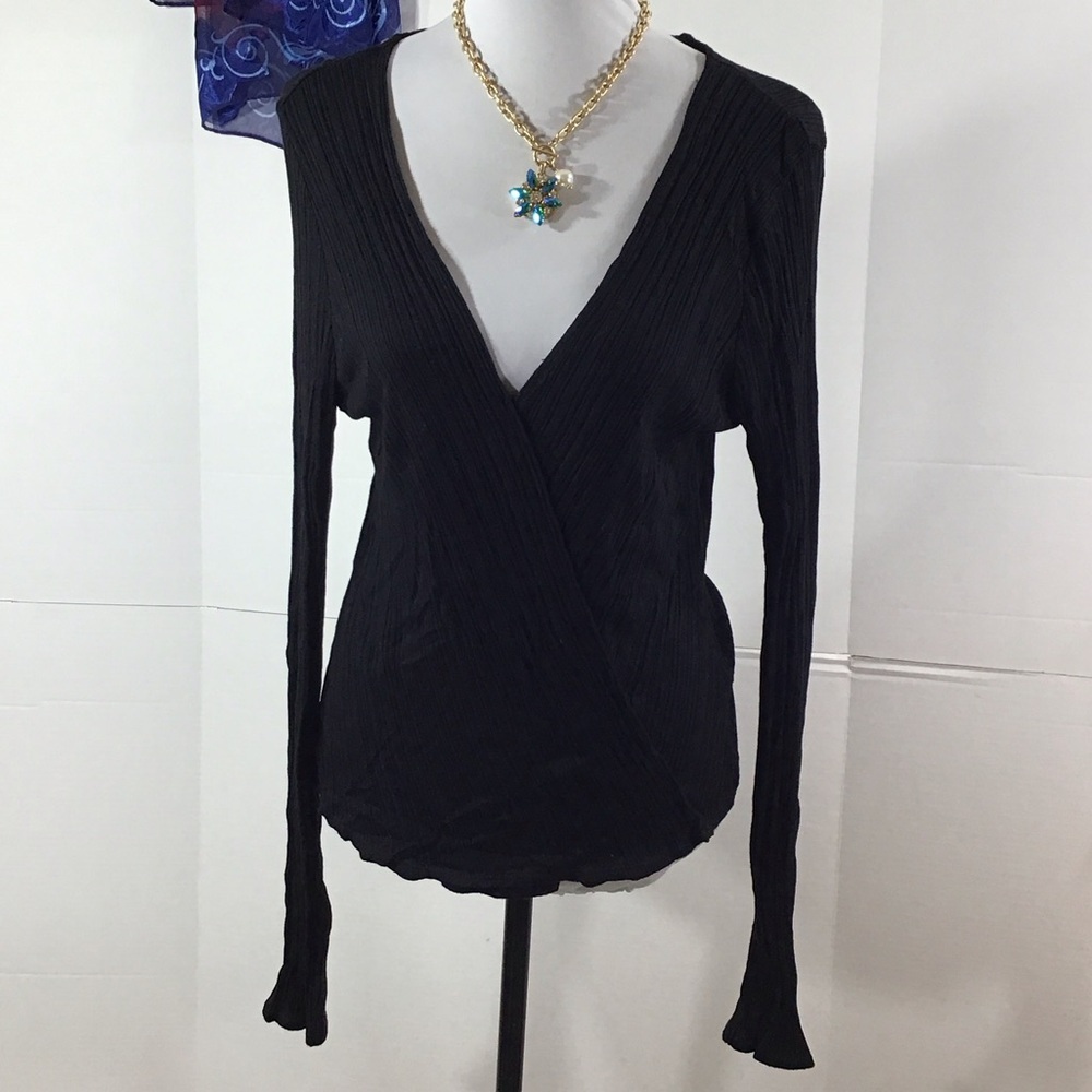 Vince Black v neck Ribbed faux Wrap Blouse top L
